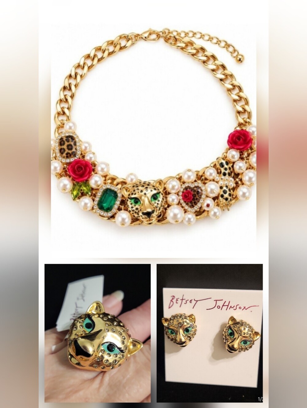Betsey Johnson Gold Necklace with Green Eyes, Red Roses & Pearl Accents Ps